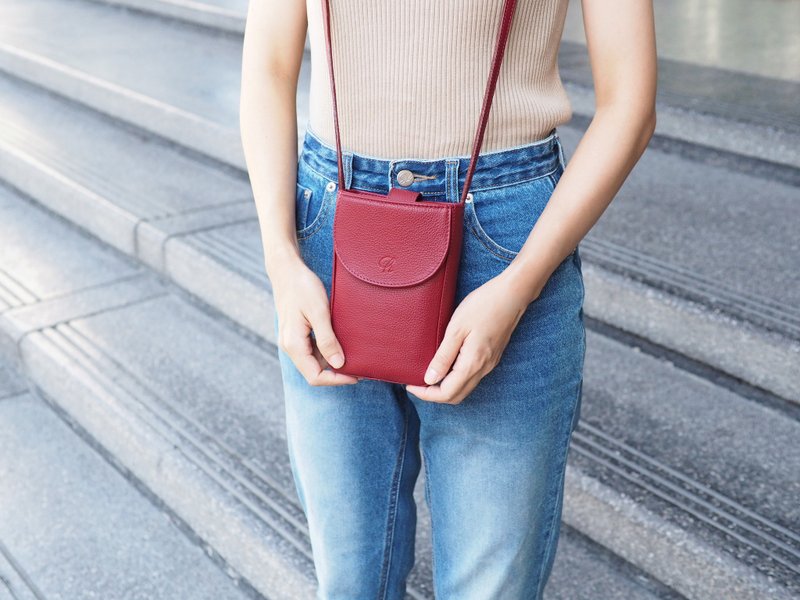 Toast (Burgundy) : Leather bag, Cross-body bag, Phone Bag, Mini Bag, Dark red - กระเป๋าถือ - หนังแท้ สีแดง
