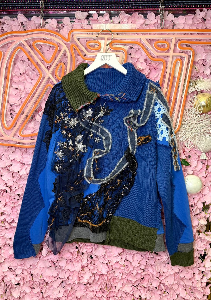 OTT獨一無二•Unique日系重工珠片珠繡立體刺繡編織毛衣上衣 - 女上衣/長袖上衣 - 羊毛 藍色