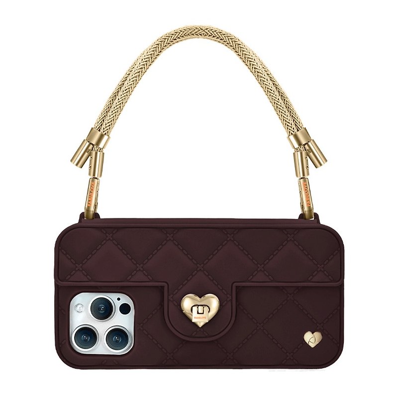Hong Kong Design Mobile Phone Bag-Sol【Golden Strap + Chocolate Pursecase】 - Phone Cases - Eco-Friendly Materials Brown