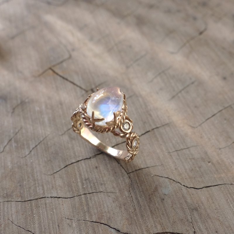 18K Rose Gold-Twisted Leaf Moonstone Ring - General Rings - Rose Gold Pink