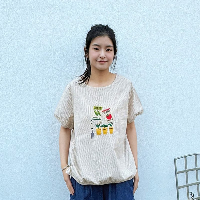 Hana Mokuba 園藝貼布繡線條收口上衣 - 女上衣/長袖上衣 - 其他材質 