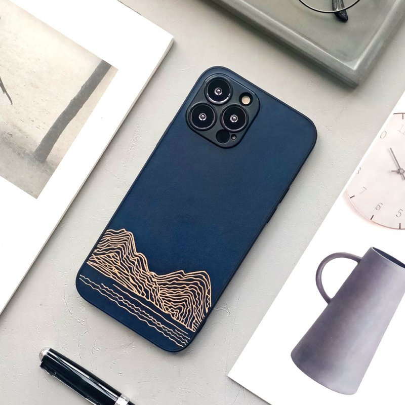 Yuanshan | Mountain and sea blue iphone15promax mobile phone case genuine leather 14plus protective case 13mini apple - Phone Cases - Genuine Leather Blue