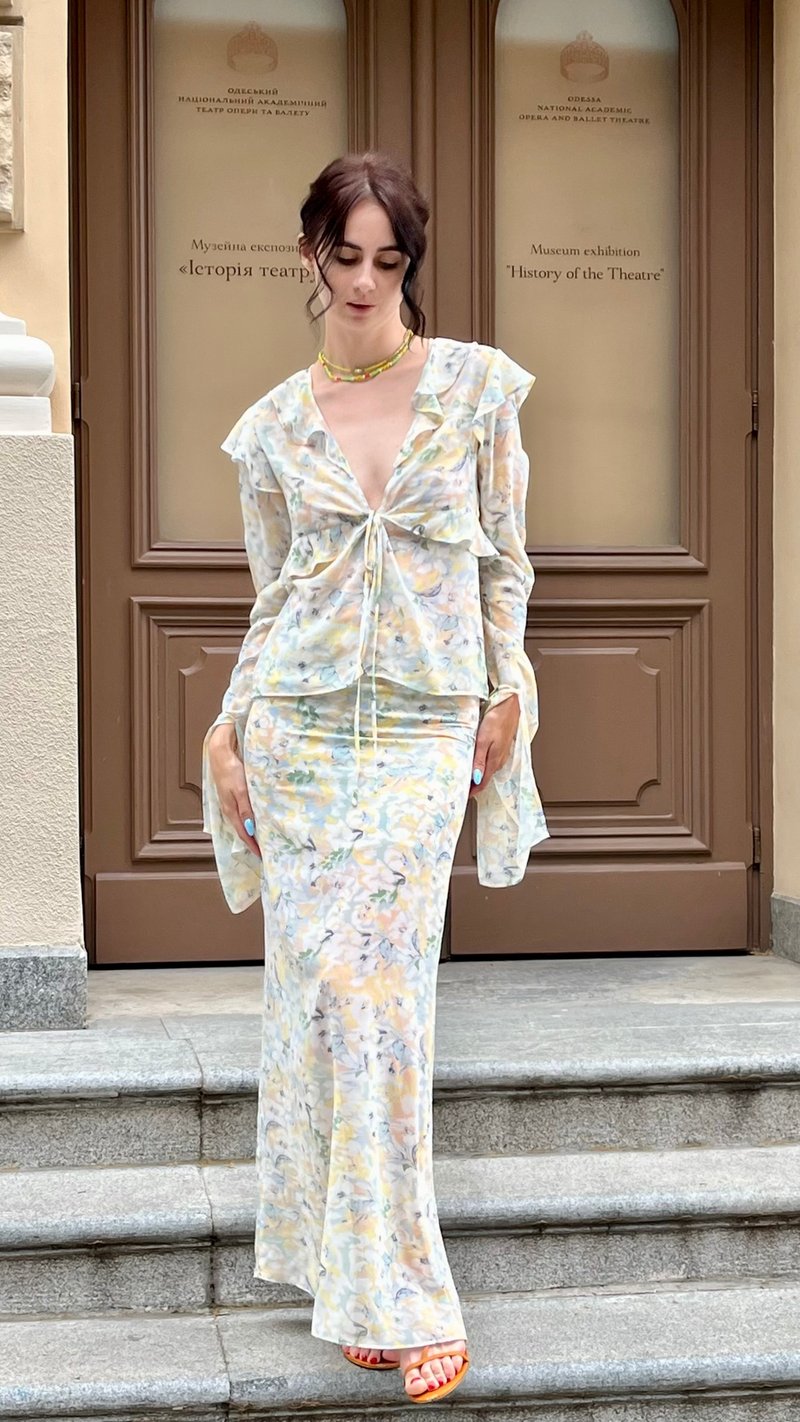 Summer Multicolor Chiffon Suit, Maxi Skirt and ruffled blouse Two piece dress - 禮服/小禮服 - 其他材質 多色