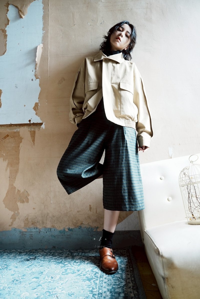 Old roll 底片小版薄呢格紋五分褲 - 2色 S/M - 綠 - 女短褲/五分褲 - 棉．麻 綠色