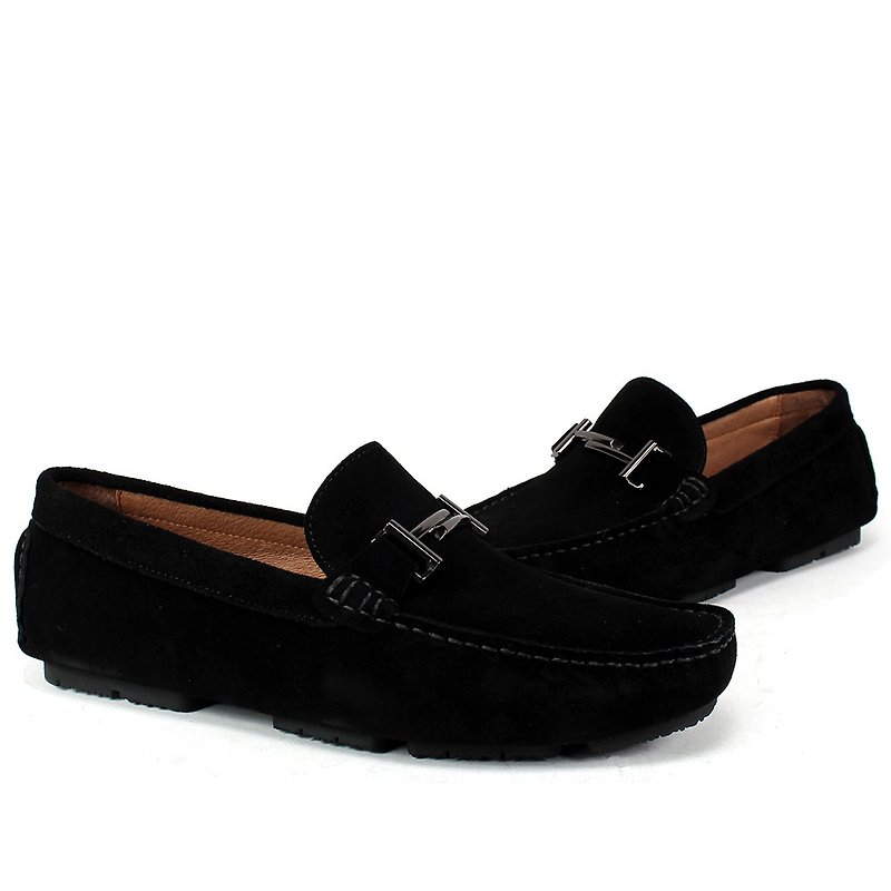Sixlips fashion elegant T-shaped piece suede driving shoes black - รองเท้าอ็อกฟอร์ดผู้ชาย - หนังแท้ สีดำ