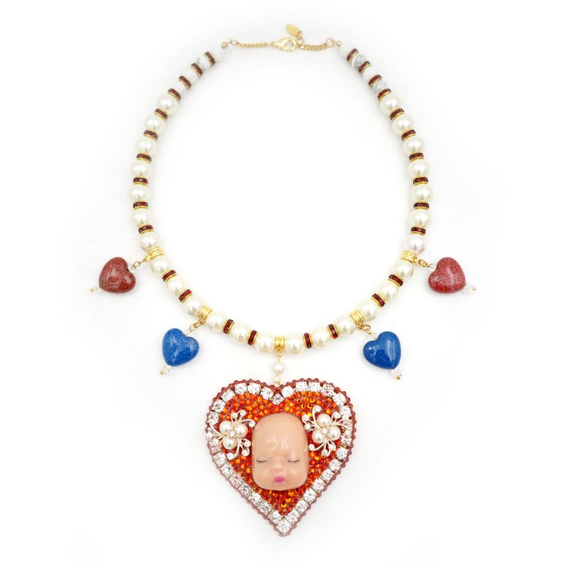 TIMBEE LOの手作り立体人形フェイクパールとラインストーンのネックレス - ネックレス - プラスチック レッド