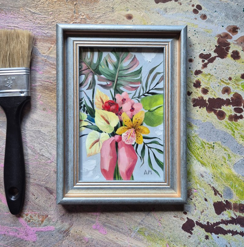 Small original cute bouquet of artwork hand painted oil painting framed _013 - 壁貼/牆壁裝飾 - 紙 多色