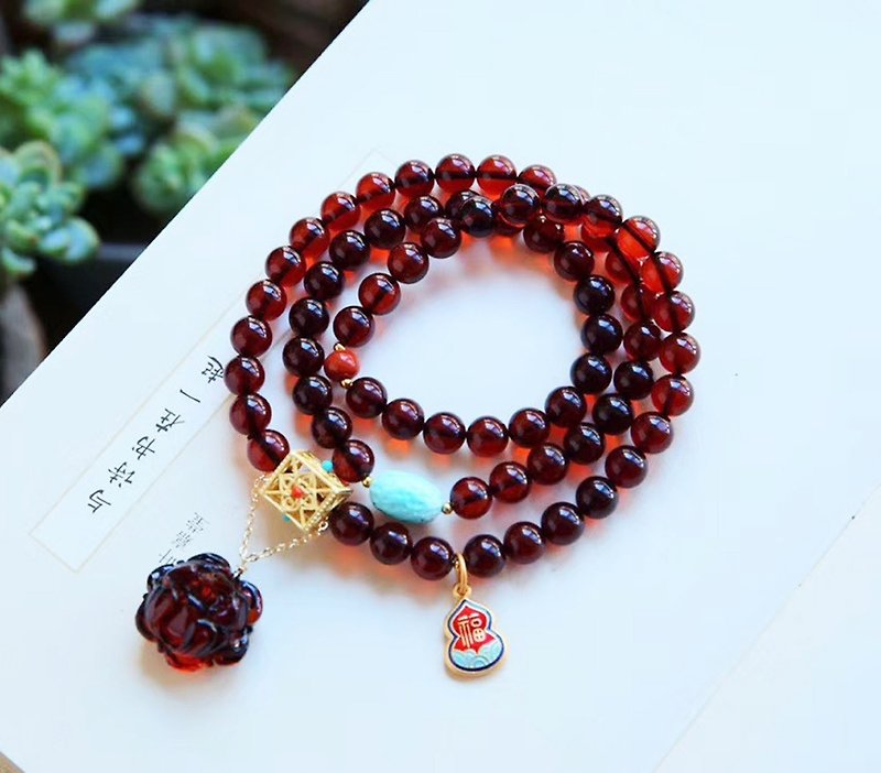 Pure natural Baltic Sea water purification and blood amber design three-ring bracelet crystal transparent natural without optimization - สร้อยข้อมือ - เครื่องเพชรพลอย 