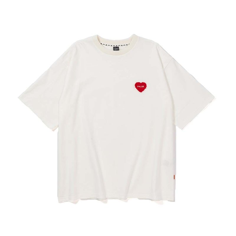 日本POLER PRM WASH FURRY HEART CHENILLE EMB TEE 愛心短T / 白 - 男 T 恤 - 棉．麻 白色