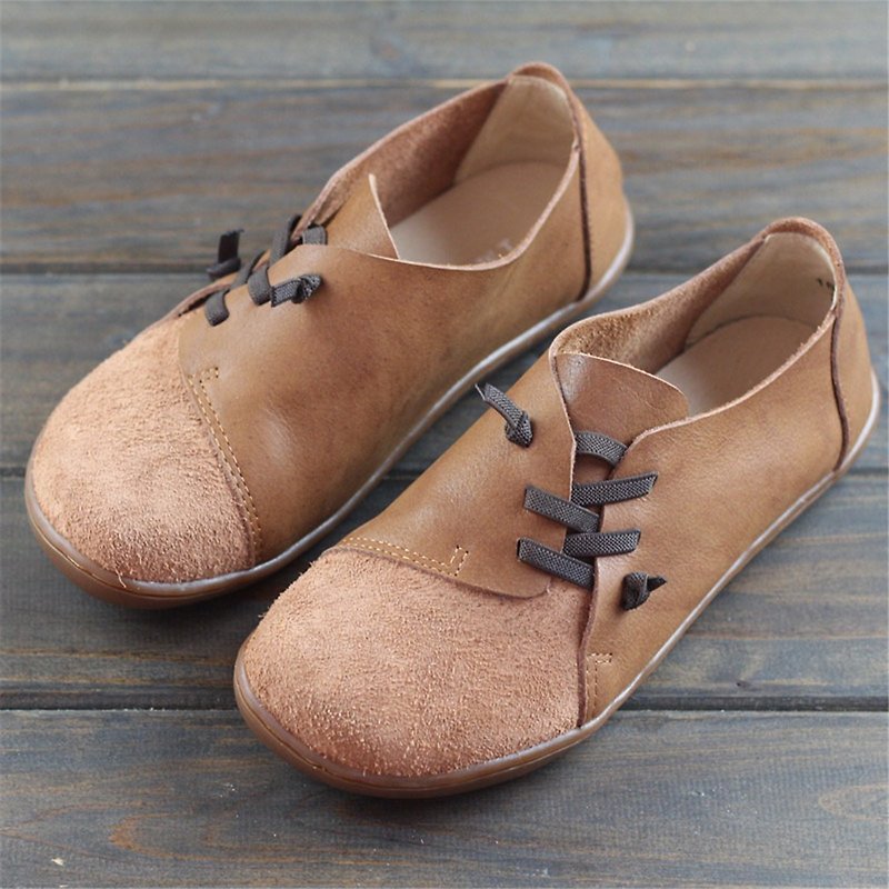 Scrub leather color matching women's single shoes flat casual shoes - รองเท้าอ็อกฟอร์ดผู้หญิง - หนังแท้ สีกากี