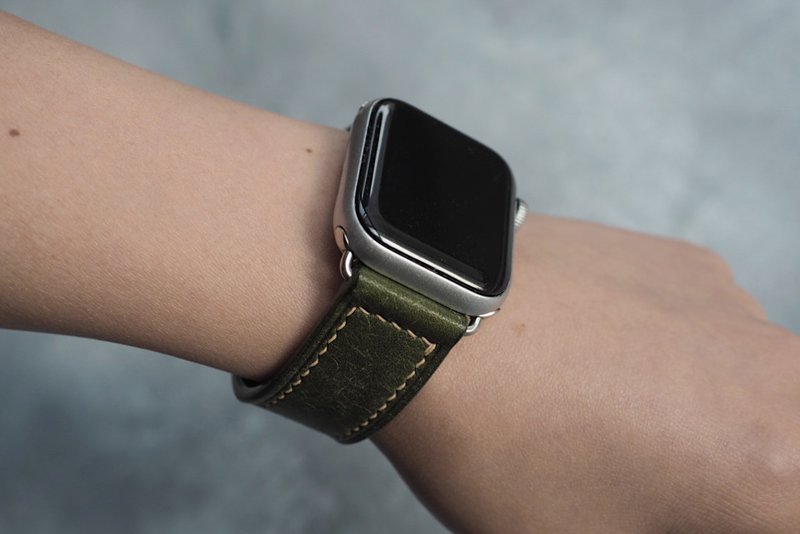 純手工牛皮蘋果AppleWatch錶帶 磨砂橄欖綠 客製化刻字禮物 訂製 - 錶帶 - 真皮 綠色