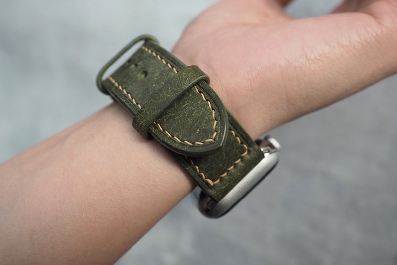純手工牛皮蘋果AppleWatch錶帶 磨砂橄欖綠 客製化刻字禮物 訂製 - 錶帶 - 真皮 綠色