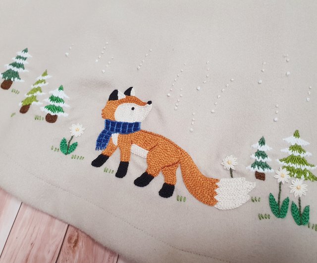 Hand Embroidery Coat, Polyester Fabric, Fox, Pine tree, Snow