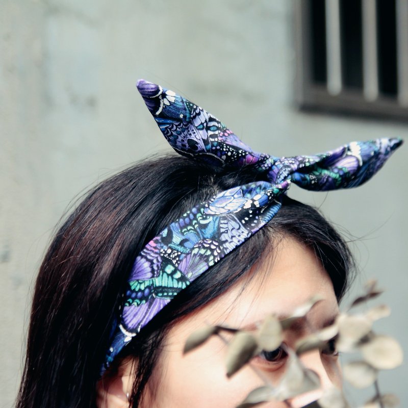 An inverted butterfly / purple US cotton cloth / handmade aluminum ribbon _The Inversed Butterfly // American cotton / Taiwan handmade aluminum steel hair band - Hair Accessories - Cotton & Hemp Purple