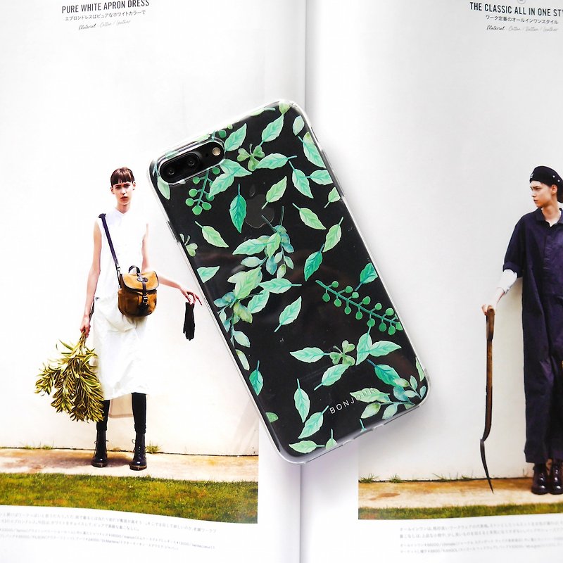 Green small leaf transparent phone case - เคส/ซองมือถือ - ซิลิคอน สีเขียว