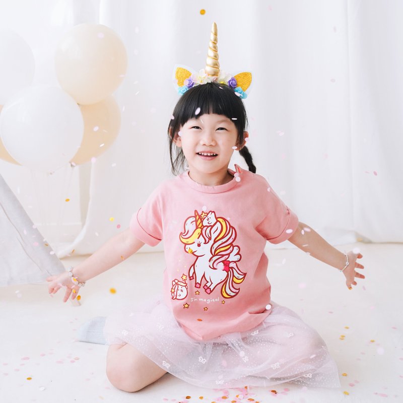 Kid-Mochi Rabbit Unicorn Kids T-shirt (pink) - เสื้อยืด - ผ้าฝ้าย/ผ้าลินิน สึชมพู