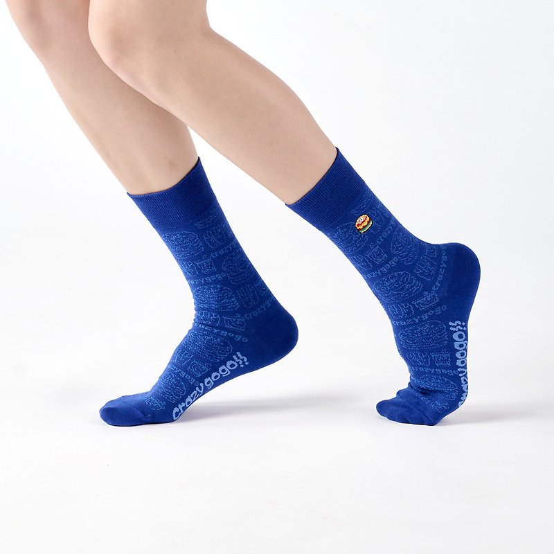 [Co-branded series Crazygogo] Hamburg Detective/Blue (F) MIT Design Tube Socks - ถุงเท้า - ผ้าฝ้าย/ผ้าลินิน สีน้ำเงิน