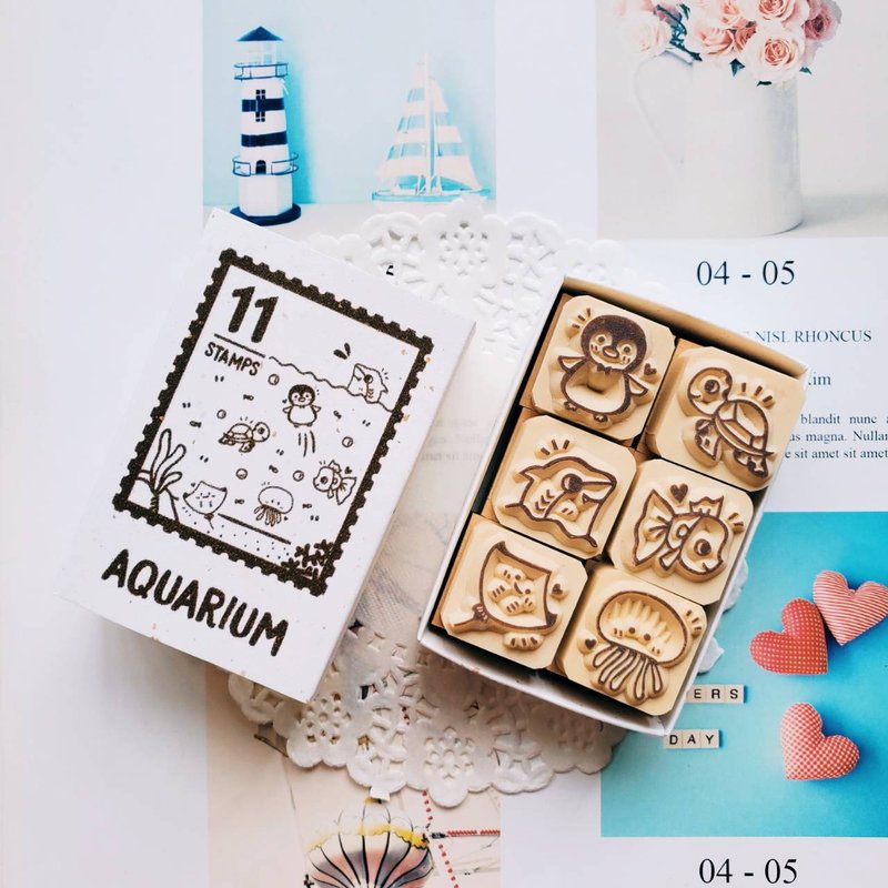 Handbook stamp- V11 Aquarium series matchbox small seal 2X2cm (6 styles) - ตราปั๊ม/สแตมป์/หมึก - ยาง สีนำ้ตาล