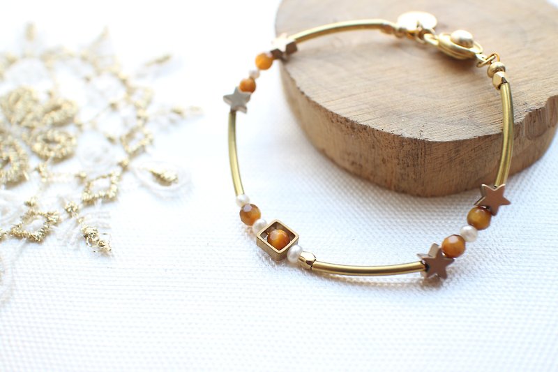 The golden star-Tigerite/pearl/copper handmade bracelet - สร้อยข้อมือ - โลหะ สีทอง