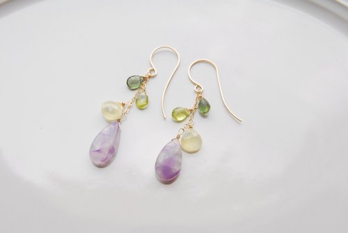 Angel silica and green 3 Stone earrings 14kgf - Shop Ayako's