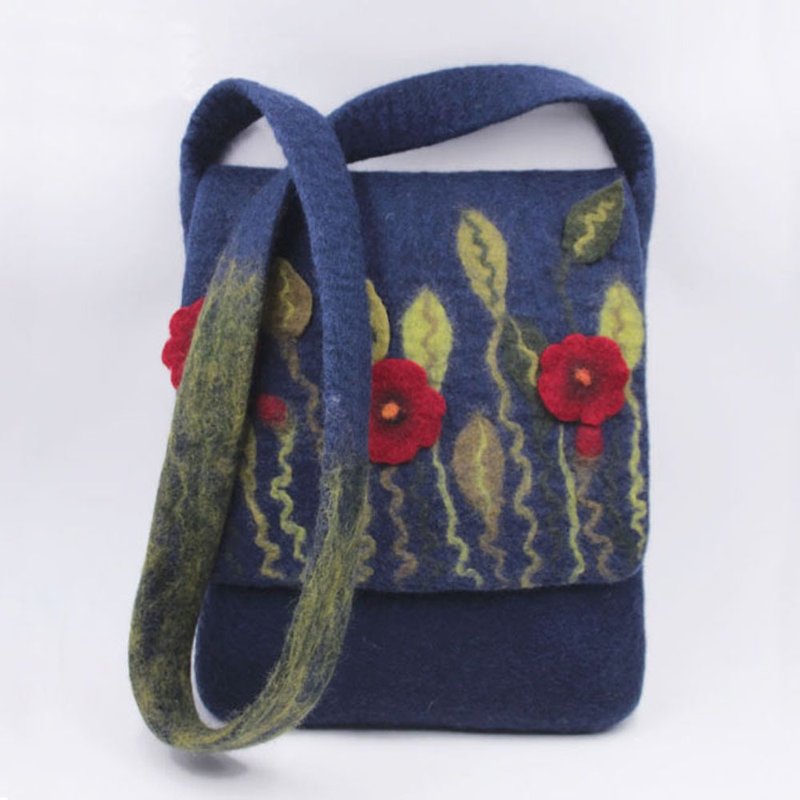 Wool felt shoulder messenger bag, original handmade boutique, personalized schoo - Messenger Bags & Sling Bags - Wool Blue