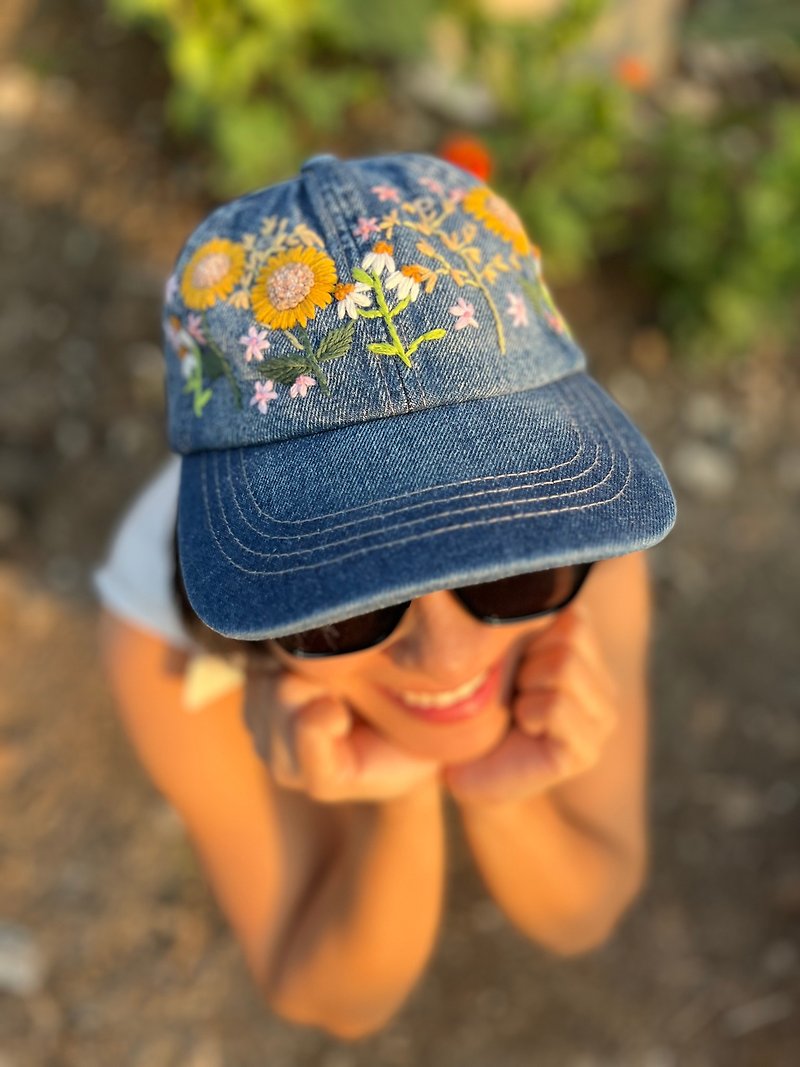 Hand embroidery sun flower blue jean cap - Hats & Caps - Cotton & Hemp Blue