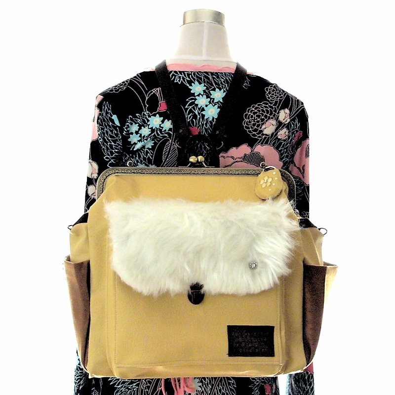 Fall Winter 3 Way with Right Side Zipper BIG Land Cell Backpack Full Set Yellow Beige & Fur - Backpacks - Genuine Leather Yellow