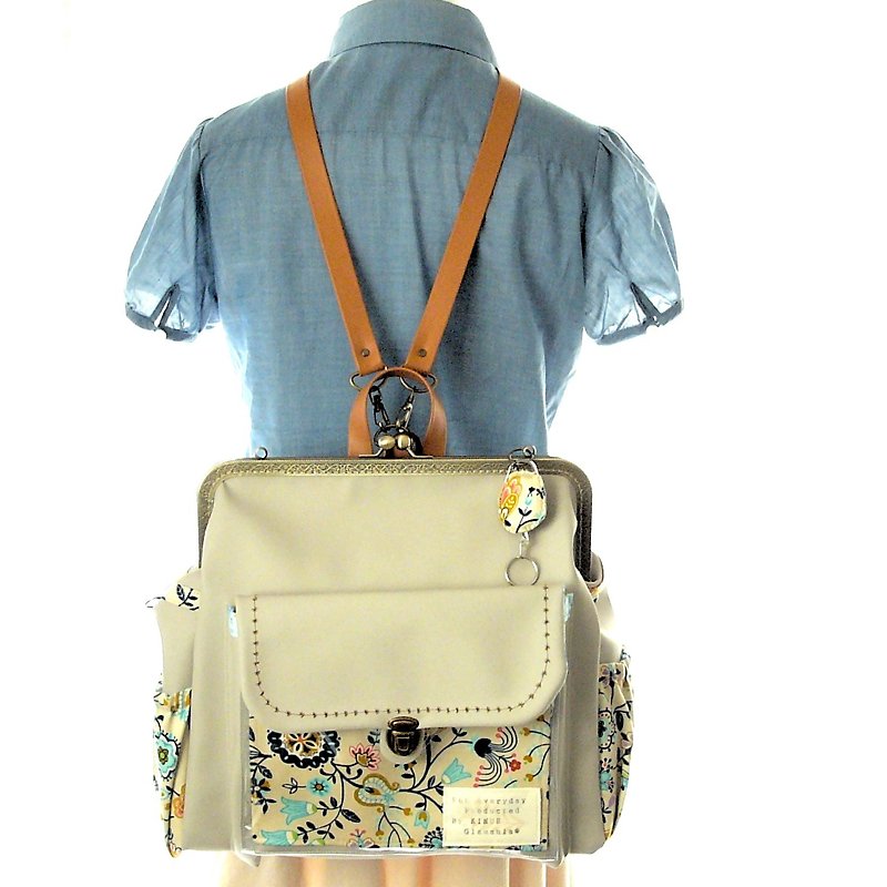 Clear Custom 3 Way with Bottom Left Zipper Backpack Full Back Set Ivory Gurege - กระเป๋าเป้สะพายหลัง - หนังแท้ สีกากี