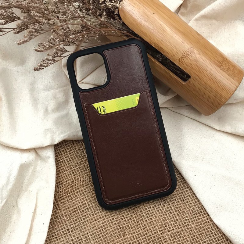 【iPhone Case W/CardSlot】Brown Calf | Embossed | Handmade Leather in HK - Phone Cases - Genuine Leather Brown