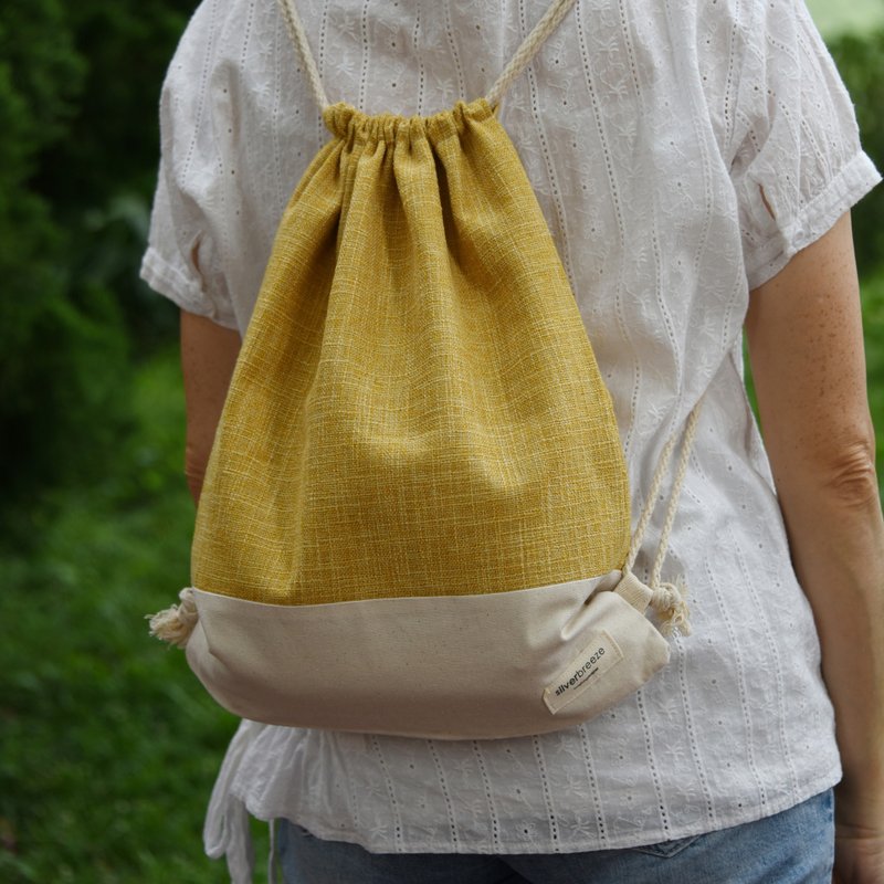 Drawstring backpack/drawstring bag/drawstring pocket~ Linen and linen-yellow (B191) - Drawstring Bags - Cotton & Hemp Yellow