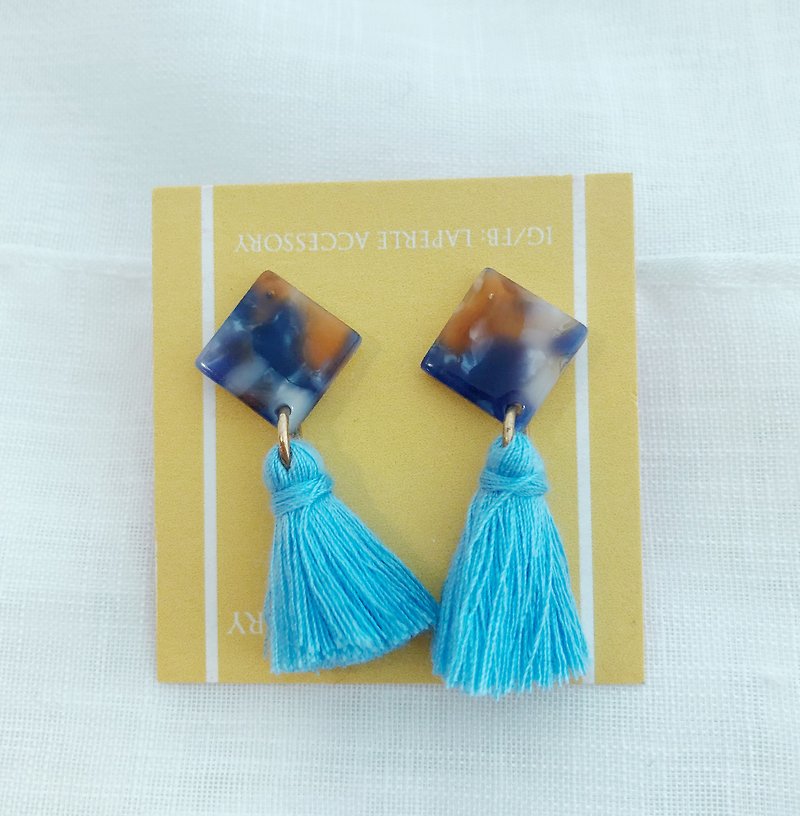 流蘇 藍色  正方形  樹脂 耳環 少女 粉藍色 薄荷  生日禮物 閨蜜禮物 姐妹禮物 如結婚禮物 - 耳環/耳夾 - 繡線 藍色