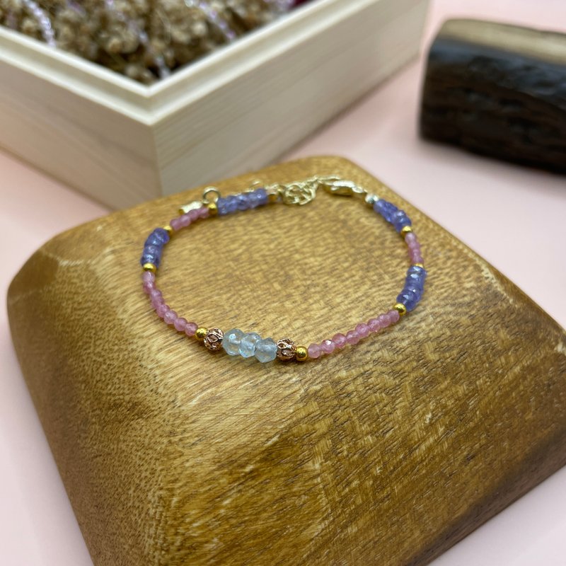 Meditation. Multi-treasure bracelet_ aquamarine + tourmaline + tanzanite, 14K Bronze gold-infused bracelet, design bracelet - Bracelets - Crystal 