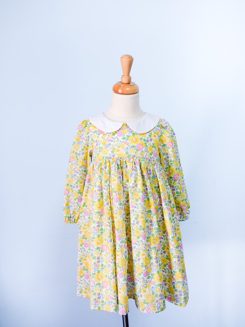 英國LIBERTY FABRICS有機棉女童Annabelle法式小圓領印花洋裝 - 女童洋裝/裙子 - 棉．麻 黃色