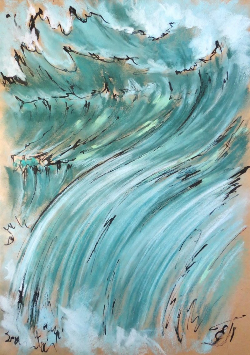 Original Ink Soft Pastel Drawing Wave Freedom Art home decor seascape - โปสเตอร์ - กระดาษ สีเขียว