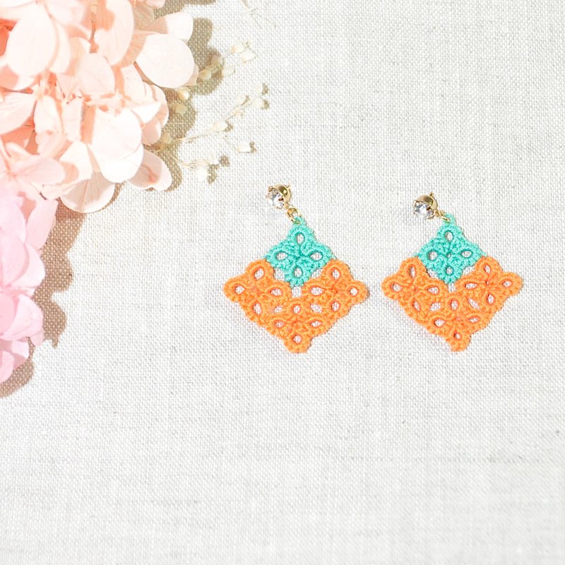 新品萬歲! 馬賽克方塊耳環 南瓜 Mosaic Square Earrings Tatting - 耳環/耳夾/耳骨夾 - 繡線 橘色