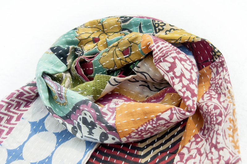 Hand-stitched gauze stitching scarves / embroidered scarves / embroidered scarves / hand-stitched sari silk scarves - round dots - ผ้าพันคอ - ผ้าฝ้าย/ผ้าลินิน หลากหลายสี