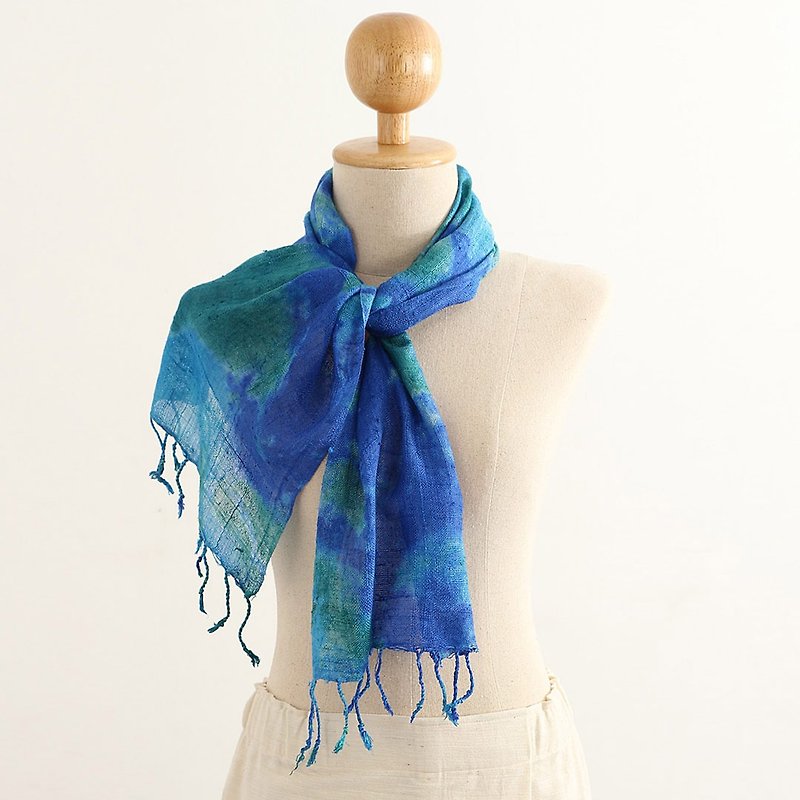 Silk Multiple Tie Dyed Scarf , Blue, Ocean Blue - 絲巾 - 絲．絹 多色