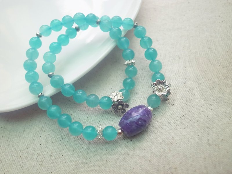 ORLI Jewelry ♡♡ natural amazonite double ring bracelet ♡ Charoite barrel beads ♡ ♡ natural stone natural crystal ♡♡ Amazonite - สร้อยข้อมือ - เครื่องเพชรพลอย สีน้ำเงิน