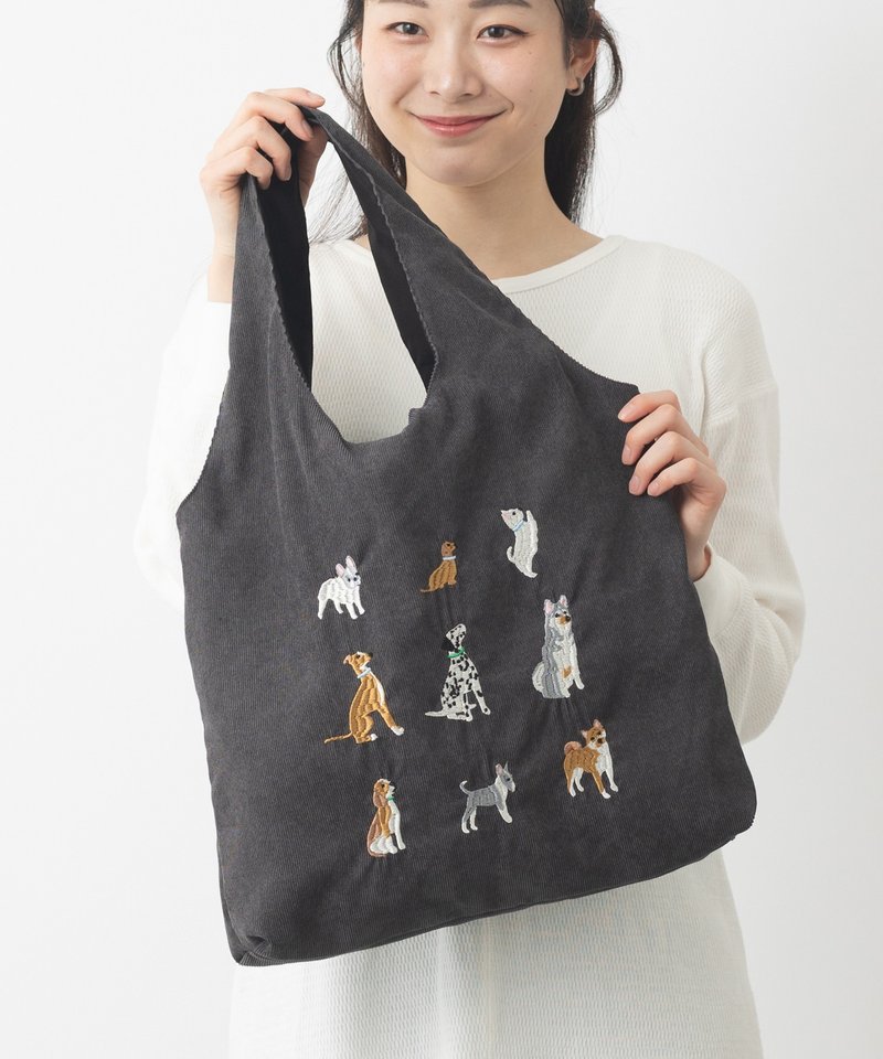 Jubilee アニマル刺繍 コーデュロイトートバッグ 猫  ダークグレー - 側背包/斜背包 - 聚酯纖維 黑色
