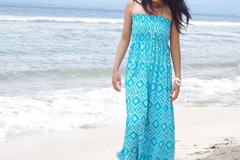 Adult ikat print tube top long dress <turquoise> - ชุดเดรส - วัสดุอื่นๆ สีน้ำเงิน