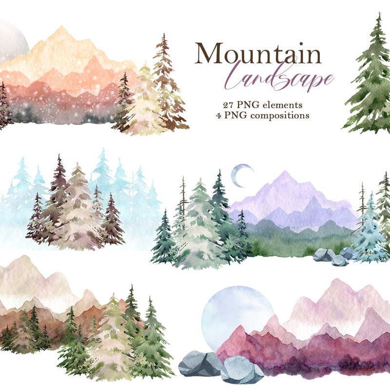 Mountain landscape watercolor clipart, Winter tree, Nature Watercolor clipart - วาดภาพ/ศิลปะการเขียน - วัสดุอื่นๆ สีเขียว