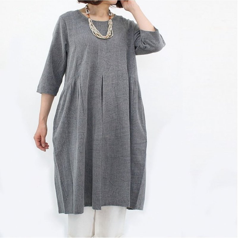 Cotton linen mix dress, plant dyed, 3/4 sleeves, stone washed - ชุดเดรส - ผ้าฝ้าย/ผ้าลินิน สีเทา