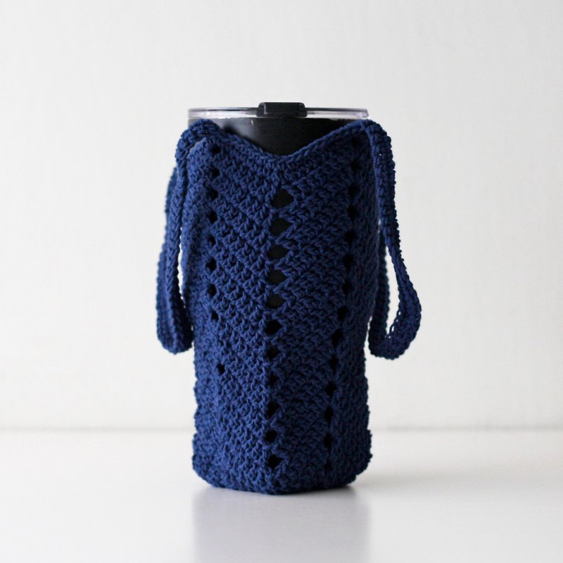 ダークブルー 環境にやさしいカップバッグ ドリンクバッグ 水筒バッグ 手織り - ドリンクホルダー - コットン・麻 ブルー
