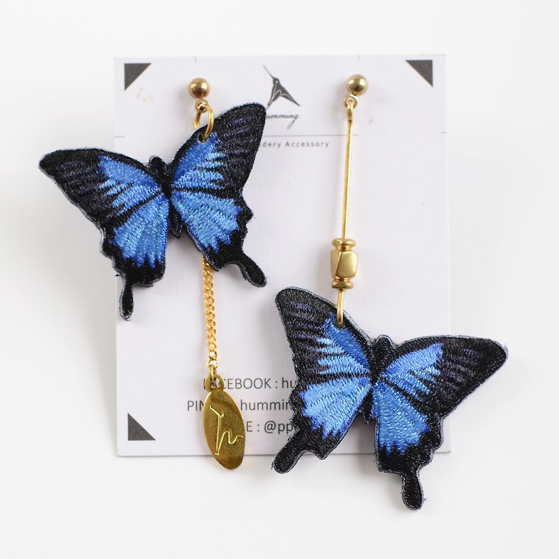 humming- Papilio Ulysses  /Butterfly/Embroidery earrings - Earrings & Clip-ons - Thread Multicolor