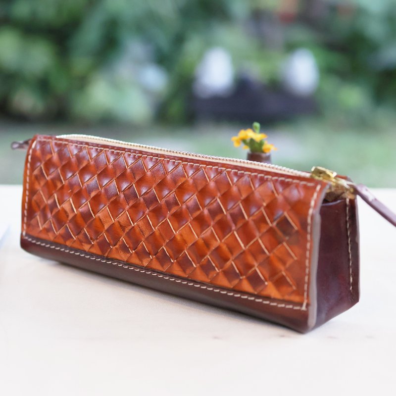 L.I.S本革工坊 | 手織りペンケース/ペンポーチ 手染めブラウン 誕生日プレゼント クリスマスギフト - 筆箱・ペンケース - 革 