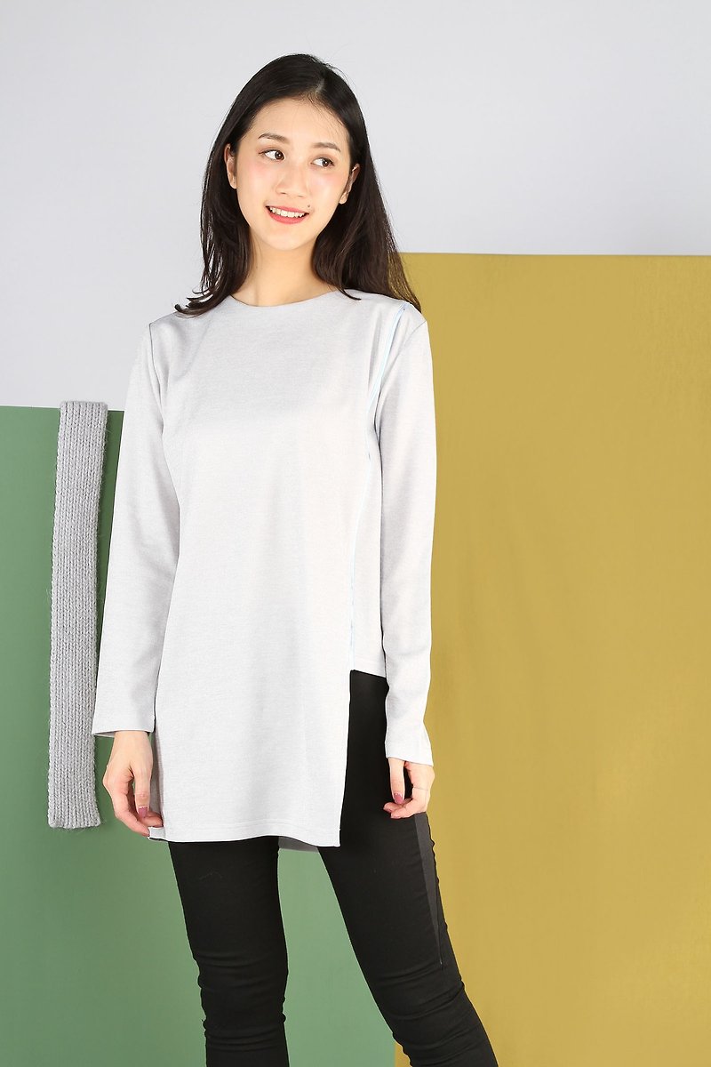 Asymmetric length print budding top - เสื้อผู้หญิง - เส้นใยสังเคราะห์ สีเทา