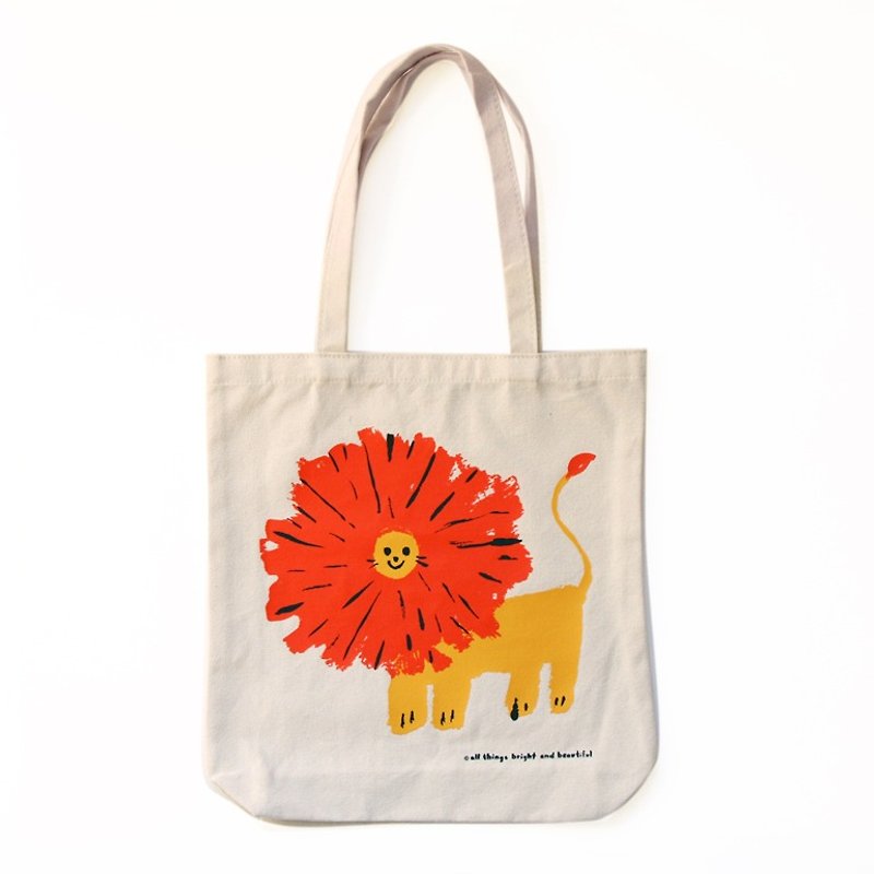 You make me smile - Lion tote bag - กระเป๋าแมสเซนเจอร์ - ผ้าฝ้าย/ผ้าลินิน สีเหลือง