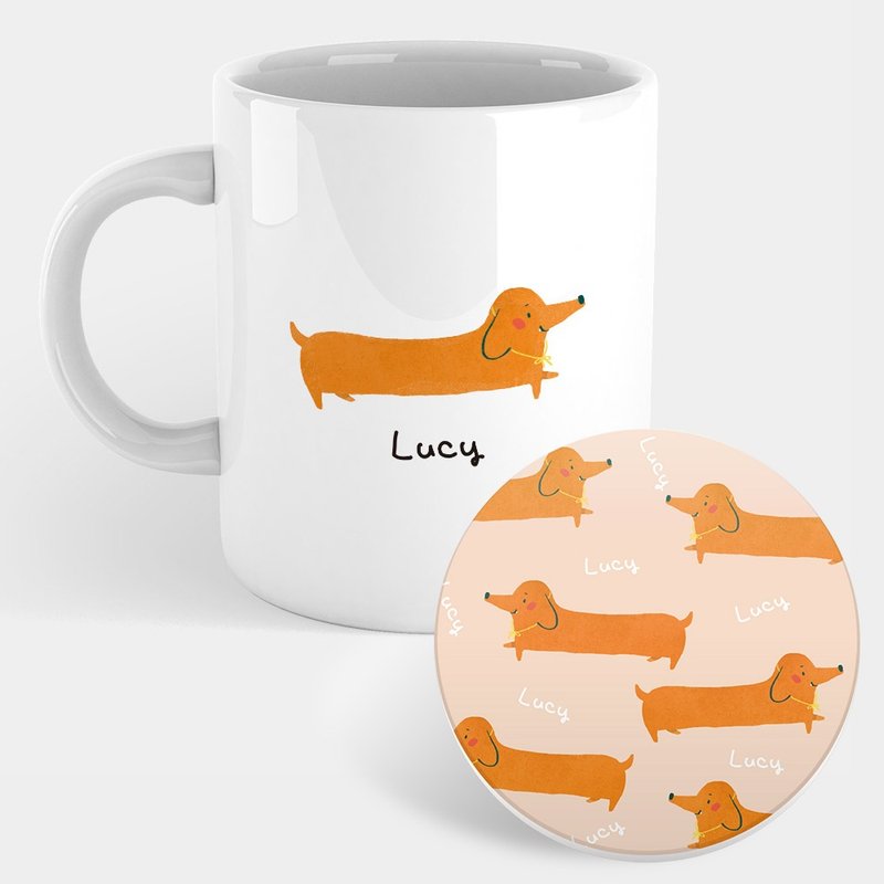 Customized text dachshund mug coaster PU041 - แก้วมัค/แก้วกาแฟ - เครื่องลายคราม สีกากี