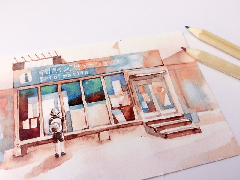 Seto Inland Sea-Uno Port Case Office Landscape Sketched Watercolor Postcard - การ์ด/โปสการ์ด - กระดาษ สีน้ำเงิน