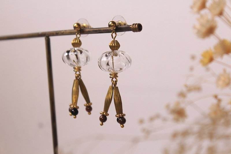 Earrings Clip-On/ Transparent Series/ Pumpkin Flow Comb/ Glazed Glass Transparent - Earrings & Clip-ons - Glass Transparent